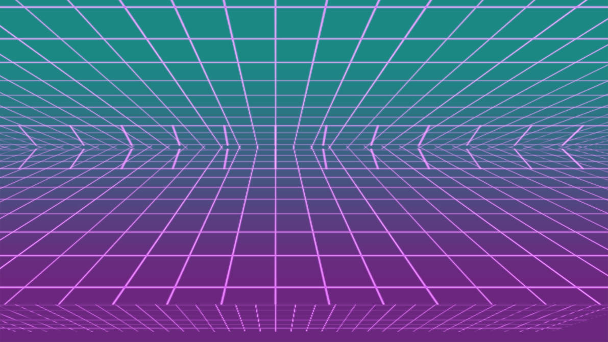 Vaporwave 桌布 壁紙 — 一個復古未來風格的網格圖案向無限遠方延伸，鮮豔的紫色和藍綠色調營造出數位隧道效果。