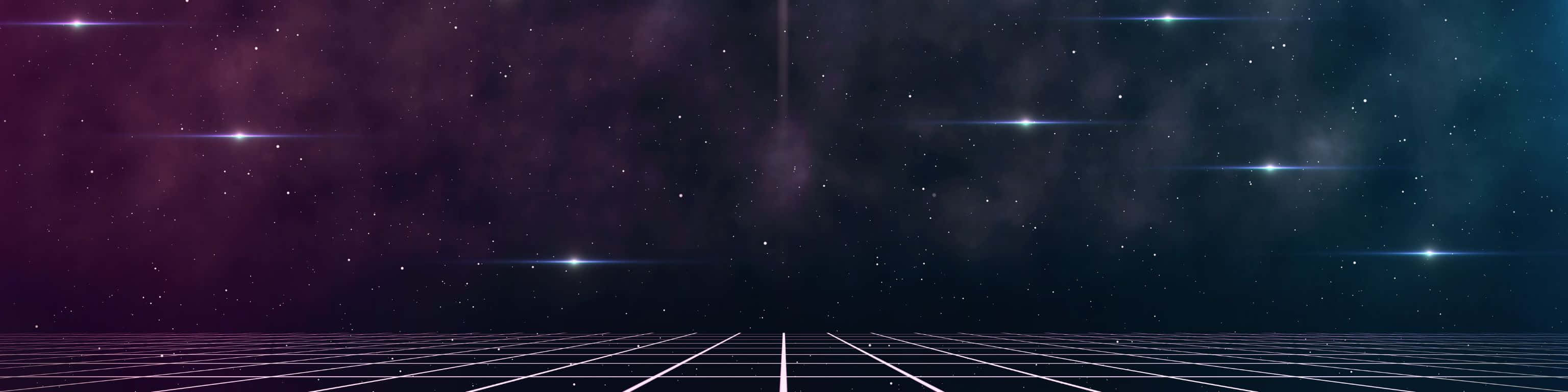 3072x768 桌布 壁紙 — 一個復古未來風格的網格地板延伸至星空宇宙天空，帶有紫色和藍綠色星雲以及發光的鏡頭光暈。