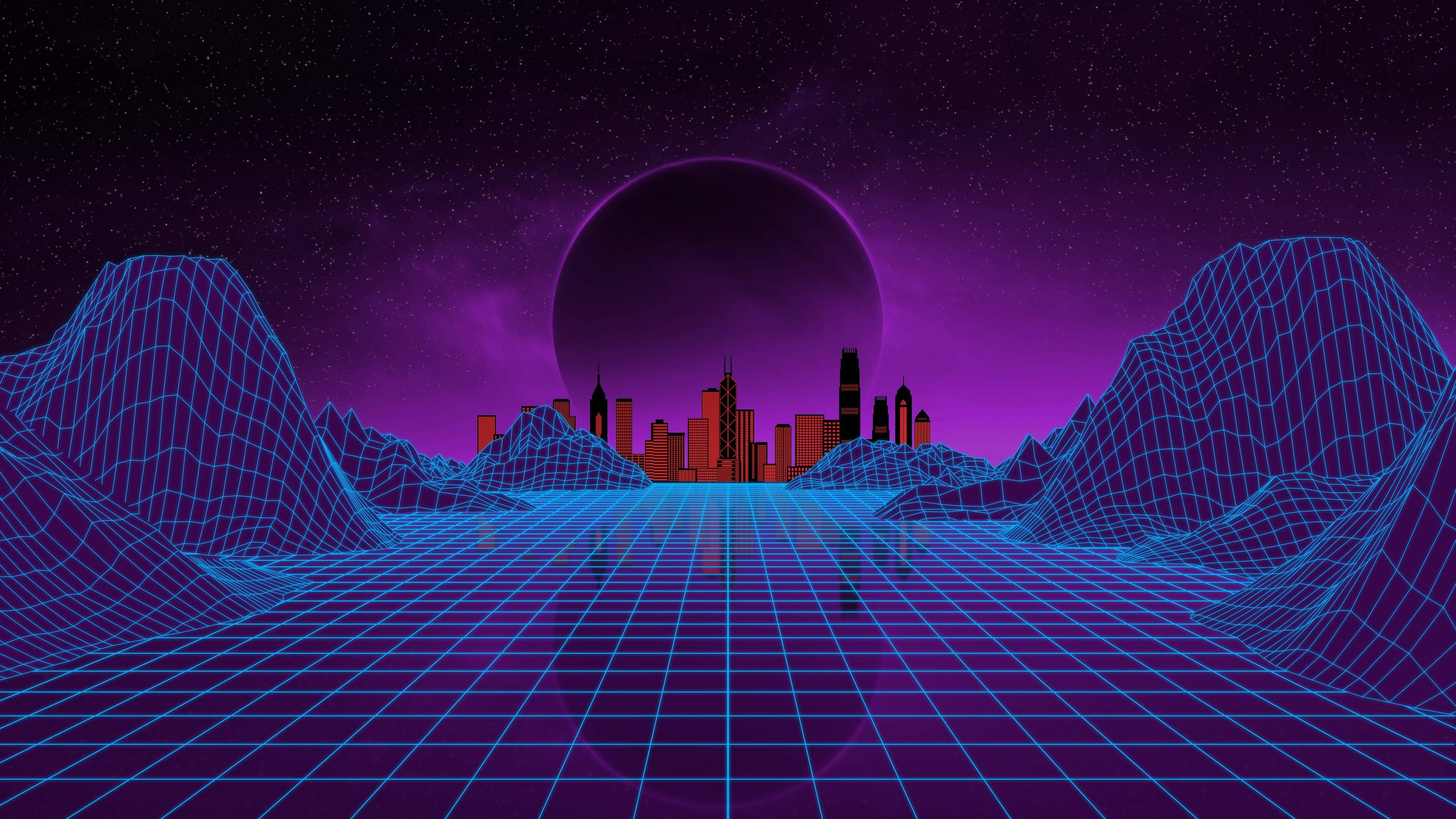 Grid Aesthetic 桌布 壁紙 — 一個復古未來風格的網格景觀，有發光的藍色線框山脈和霓虹城市天際線，在紫色星空下有一顆大行星。