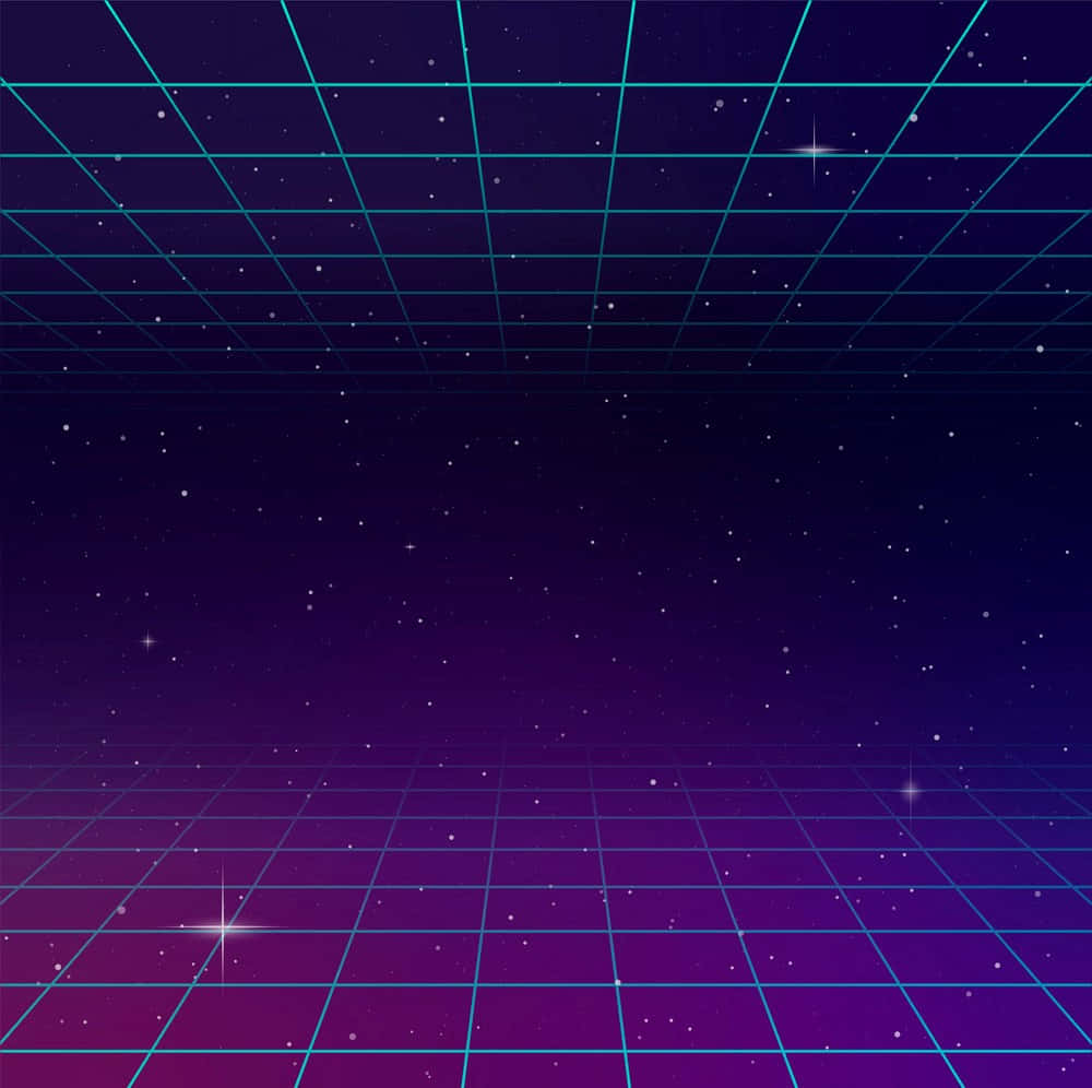 80s Retro 桌布 壁紙 — 一個復古未來風格的網格覆蓋在繁星點點的紫色和藍色漸變天空上，營造出數位太空氛圍。