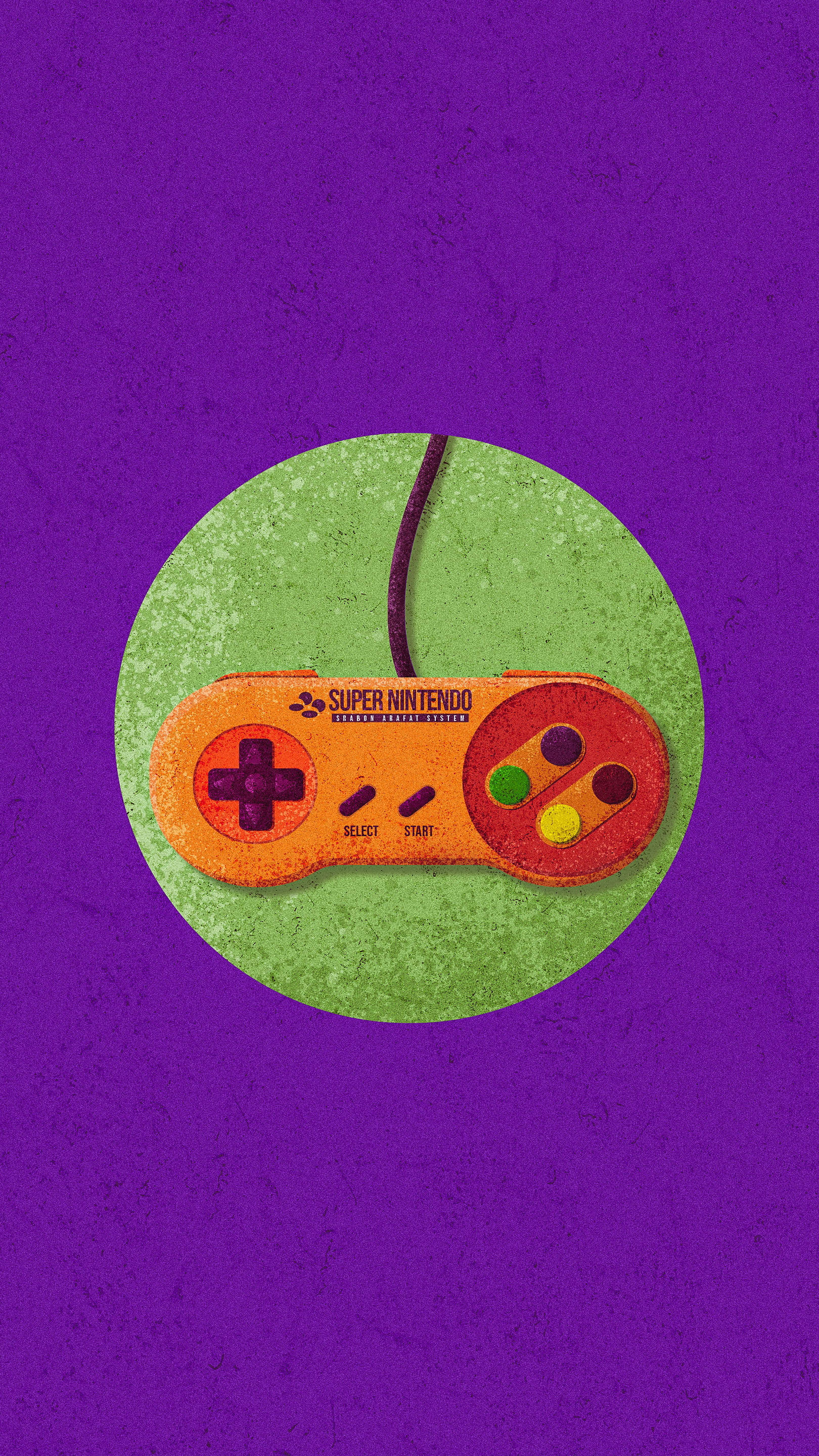 復古90年代風格 桌布 壁紙 — 一個復古橙色Super Nintendo控制器放在綠色圓圈上，背景為帶紋理的紫色。