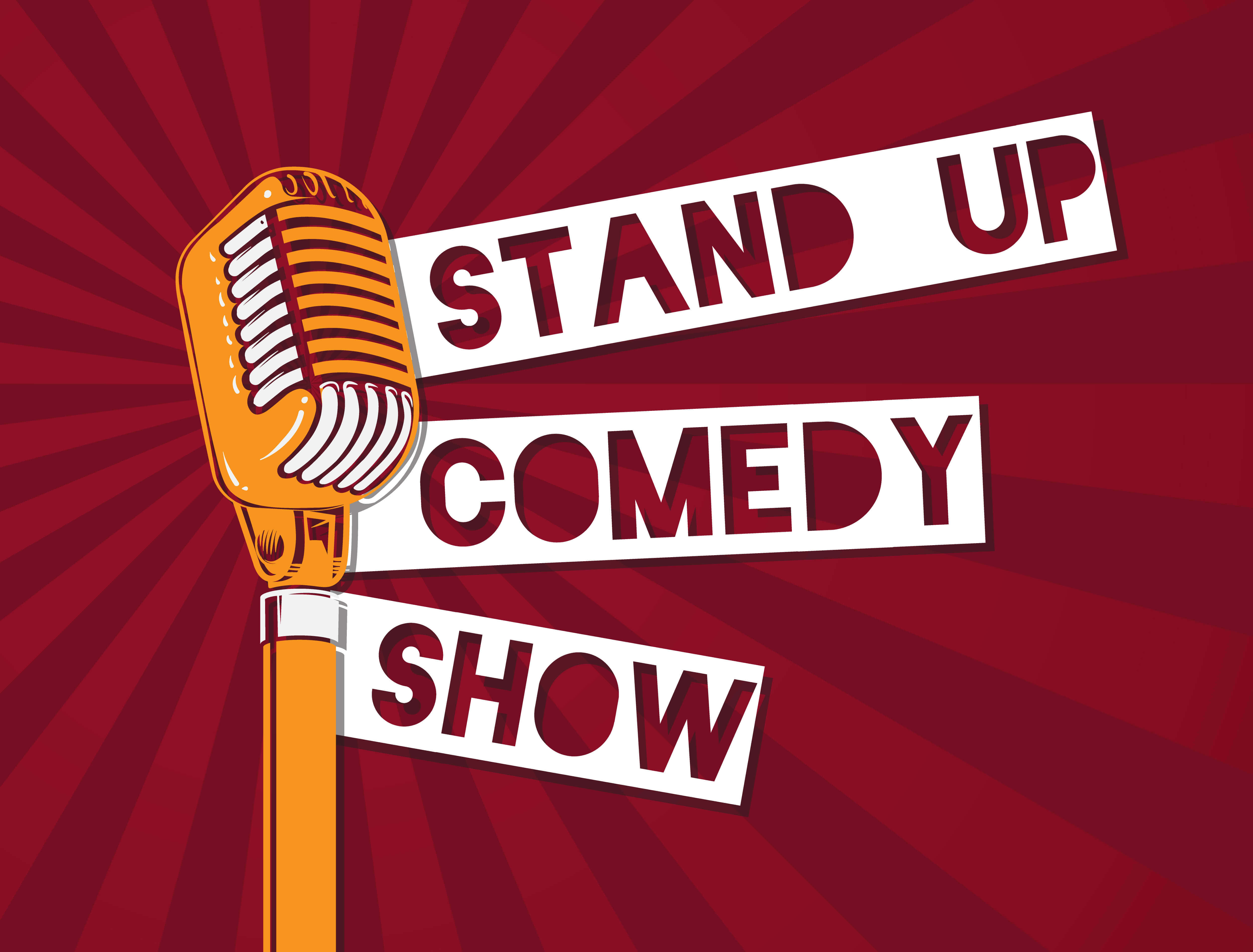 comedy 桌布 壁紙 — 一個復古橙色麥克風，上面有粗體紅白相間的 'STAND UP COMEDY SHOW' 文字，背景是動態的紅色放射狀圖案。