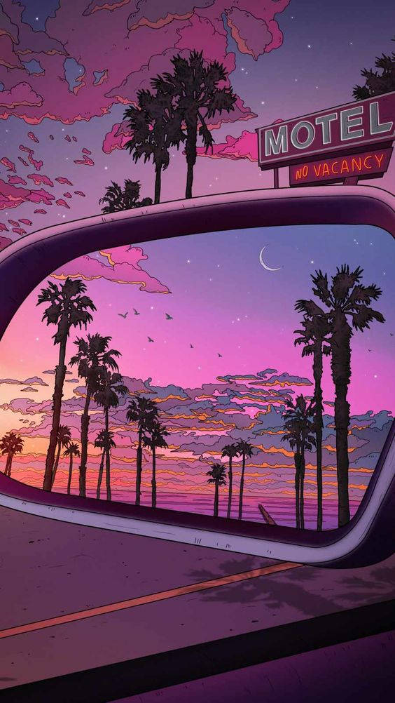 Pink Sky 桌布 壁紙 — 一個復古汽車旅館招牌在暮色天空下發光，棕櫚樹在粉紅色和紫色雲彩的襯托下形成剪影，倒映在汽車側鏡中。