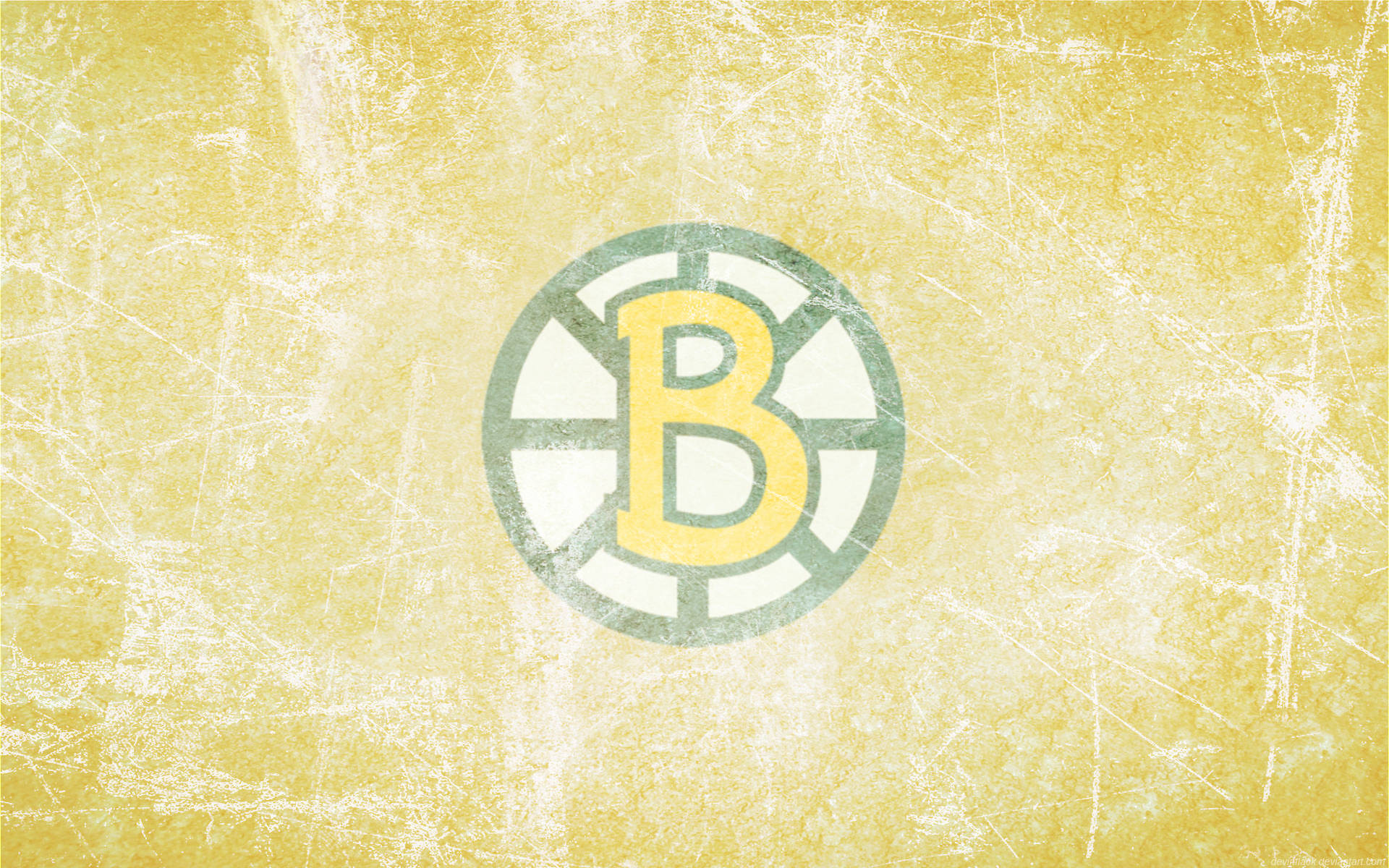 bruins 桌布 壁紙 — 一個復古波士頓棕熊隊標誌，居中放置在帶有白色刮痕的磨損黃色背景上。