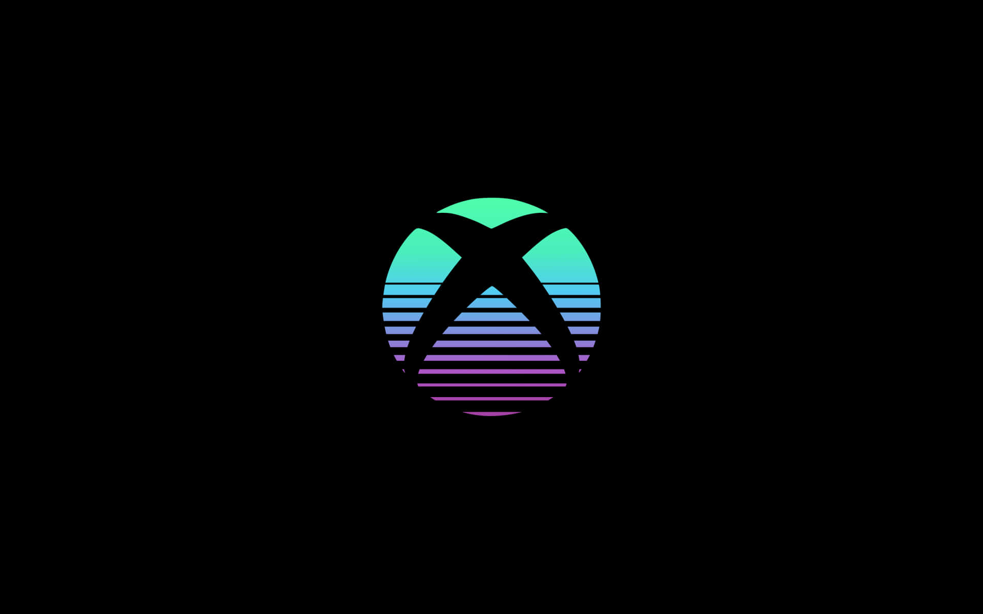 標誌 桌布 壁紙 — 一個復古漸層Xbox標誌，帶有從青綠色到紫色的條紋，在黑色背景上發光。