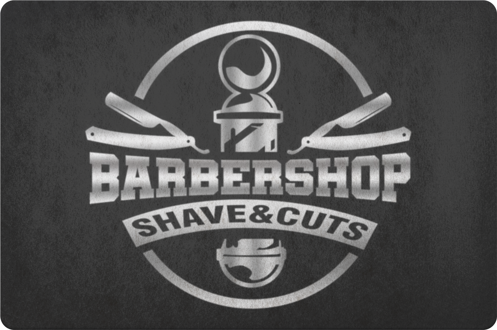 barbershop 桌布 壁紙 — 一個復古理髮店標誌，帶有交叉的直剃刀和理髮柱，位於紋理深灰色背景上。