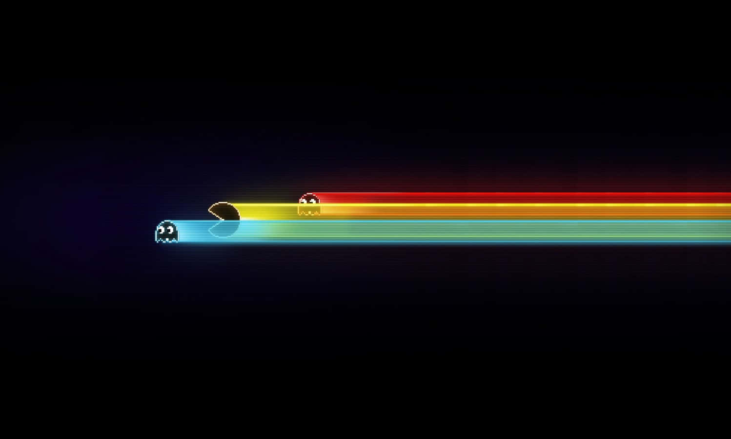 pac man 桌布 壁紙 — 一個復古的 Pacman 鬼魂在黑暗背景中追逐發光的彩虹軌跡。