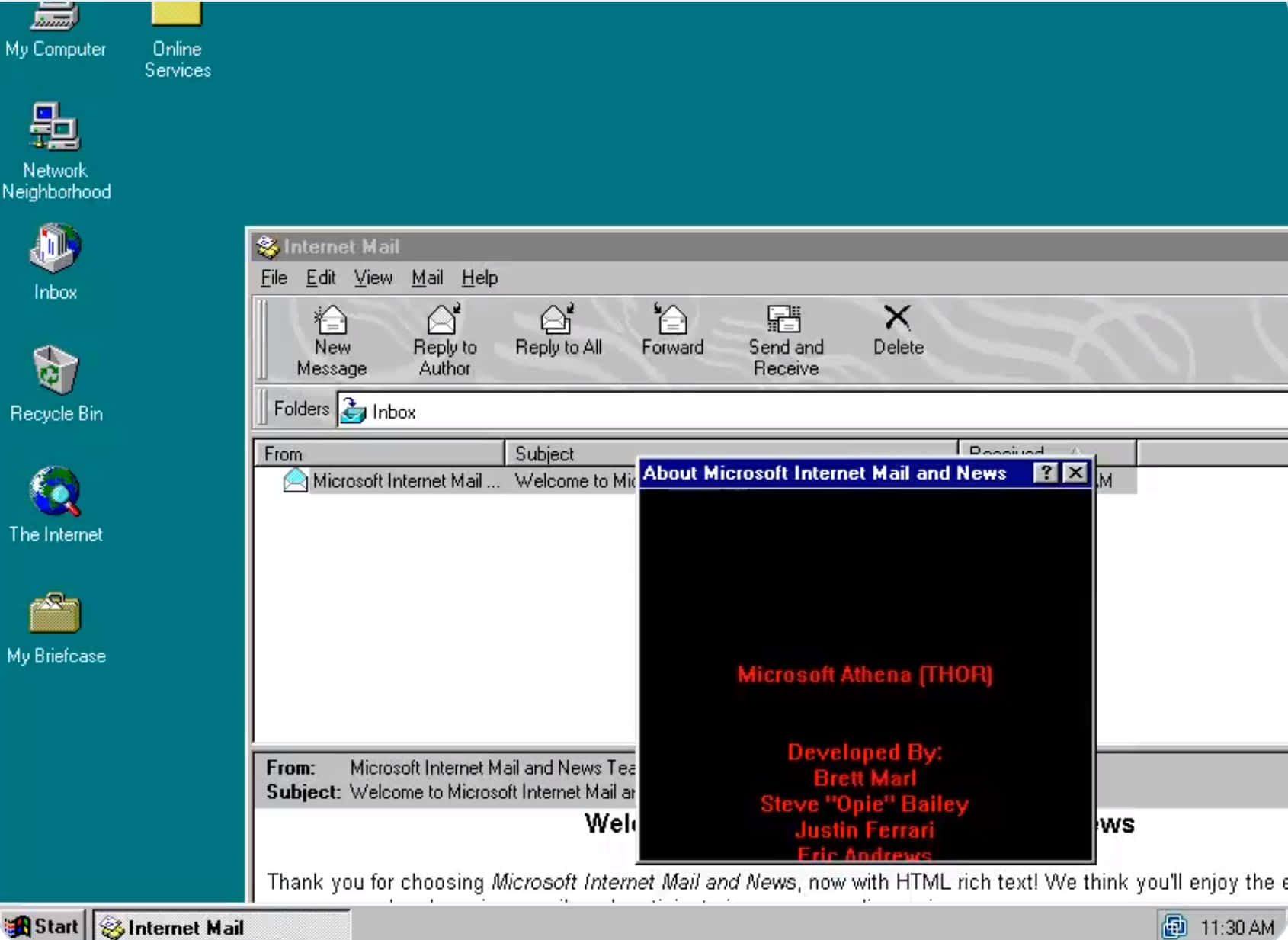 Windows 95 動態圖 桌布 壁紙 — 一個復古的 Windows 98 桌面，顯示 Microsoft Internet Mail 和 News，其「關於」對話方塊開啟，在黑色背景上顯示紅色文字。