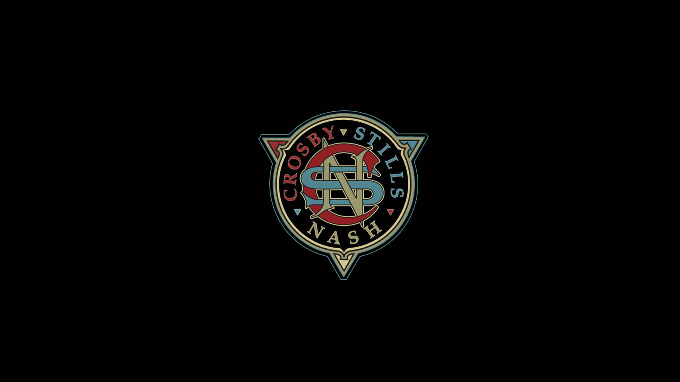 音樂 桌布 壁紙 — 一個復古的Crosby Stills Nash標誌徽章，居中於黑色背景上，帶有金屬和紅色點綴。