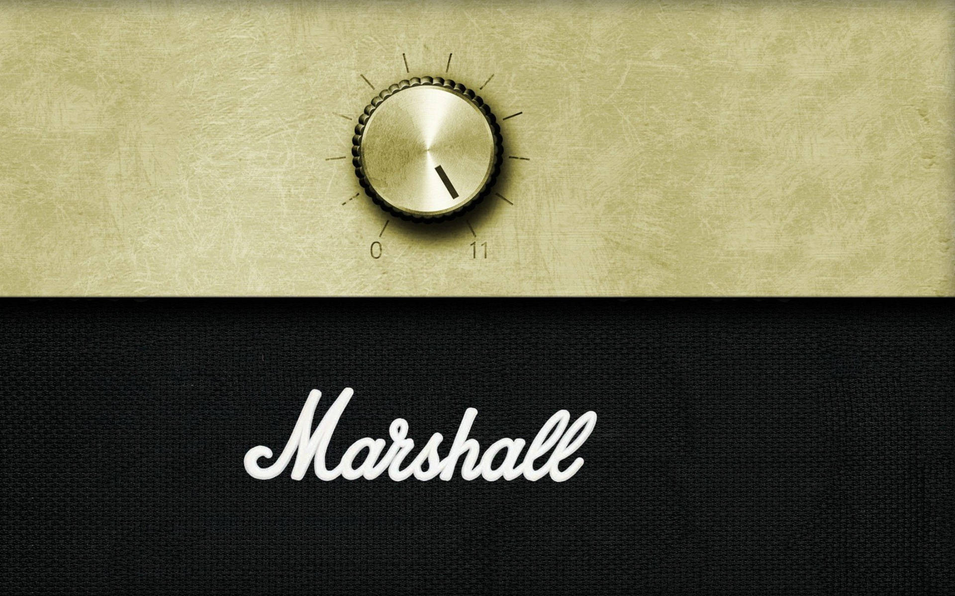 Marshall 桌布 壁紙 — 一個復古的Marshall吉他擴音器，金屬旋鈕設定為十一，背景為有紋理的米色和黑色。