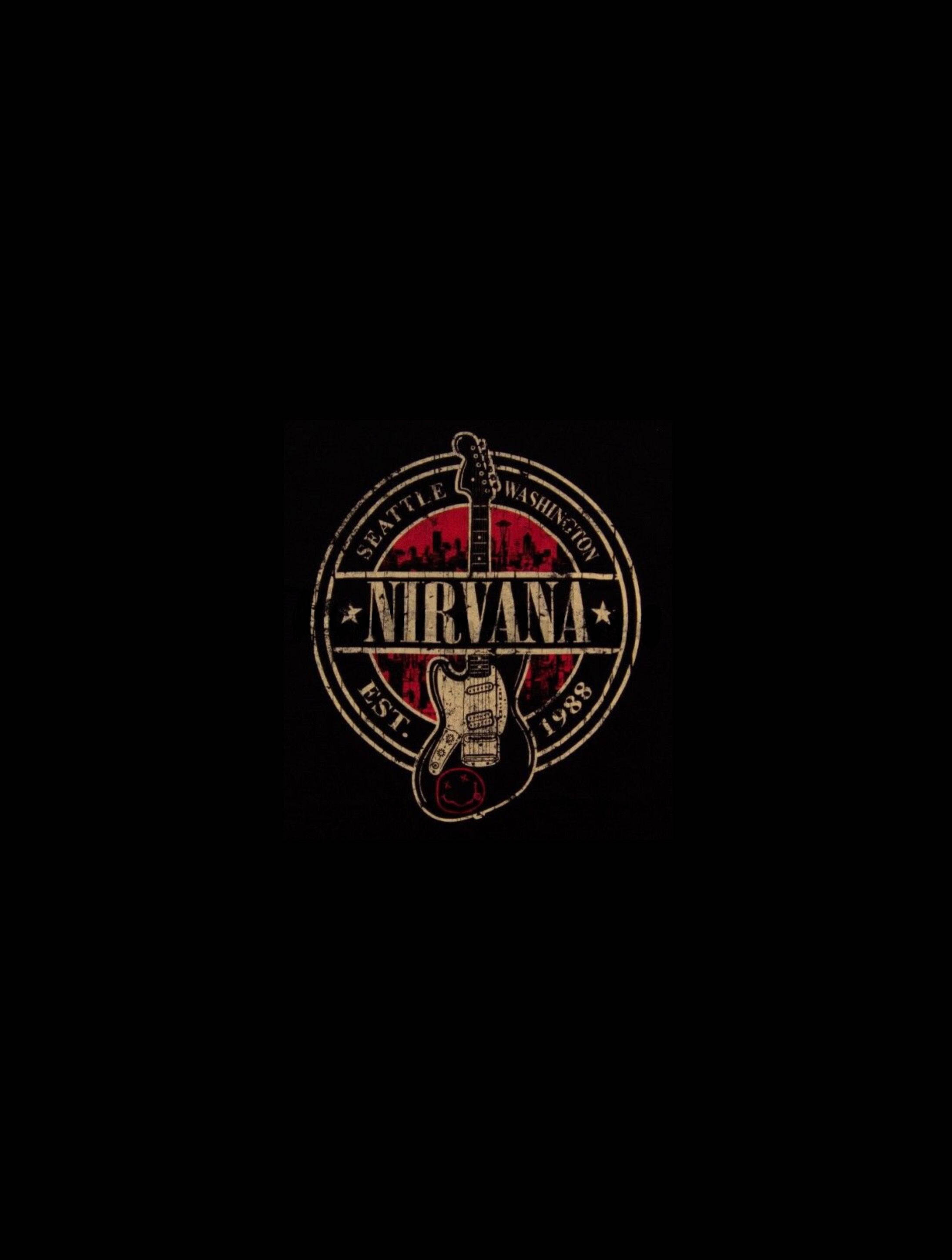 nirvana 4K 桌布 壁紙 — 一個復古的Nirvana樂隊標誌，配有電吉他和西雅圖天際線，背景為黑色。