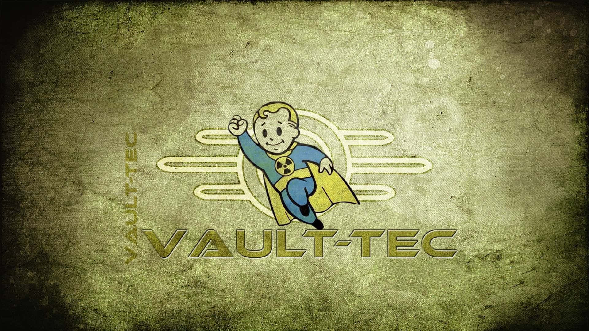 Vault-tec 桌布 壁紙 — 一個復古的Vault-Tec標誌，上面有一個穿著藍黃色超級英雄服裝、胸前有輻射標誌的快樂小孩，背景是帶有紋理的綠色。