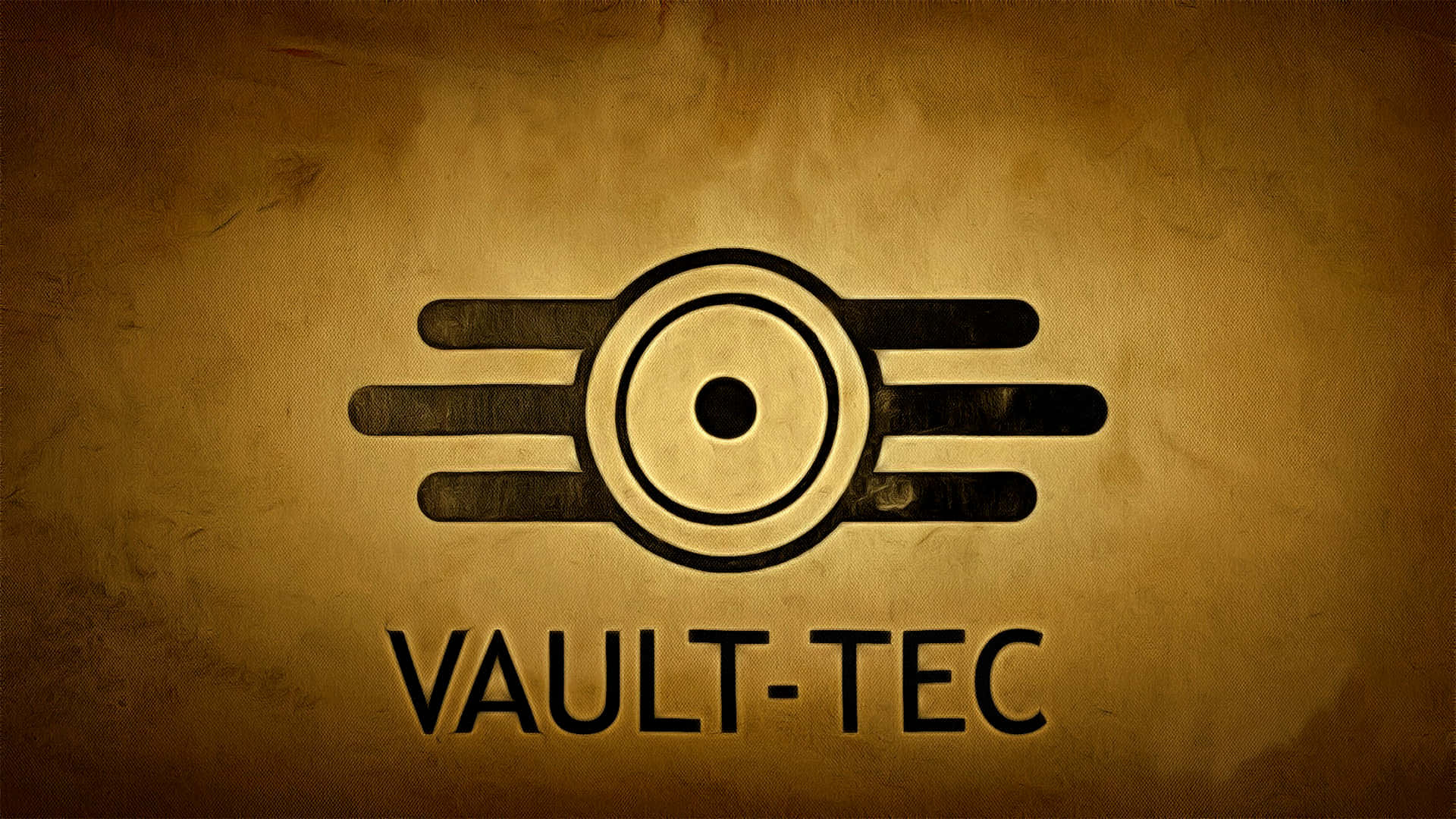 Vault-tec 桌布 壁紙 — 一個復古的Vault-Tec標誌在紋理豐富的懷舊棕色背景上以粗體黑色發光。