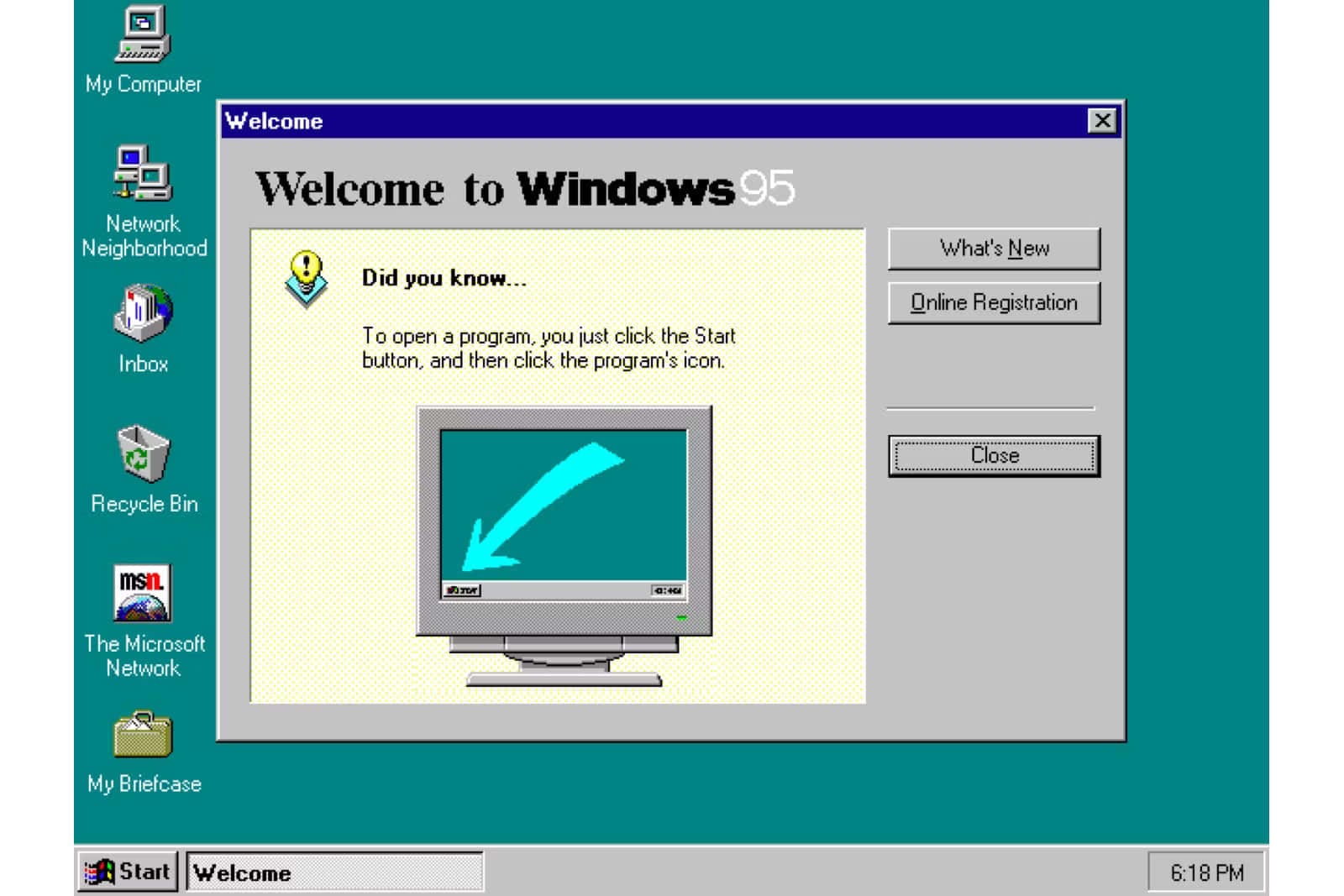 Windows 95 動態圖 桌布 壁紙 — 一個復古的Windows 95歡迎畫面，帶有青綠色桌面、經典圖示和顯示藍色箭頭的顯示器圖形。