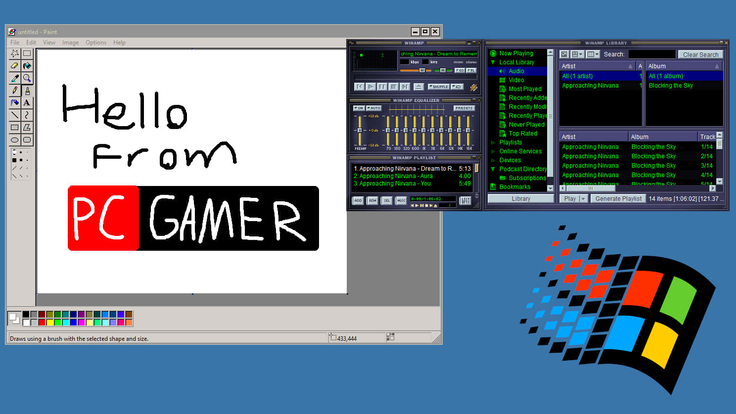 Windows 95 動態圖 桌布 壁紙 — 一個復古的Windows桌面，Paint應用程式顯示「Hello From PC GAMER」，並打開了媒體播放器視窗。