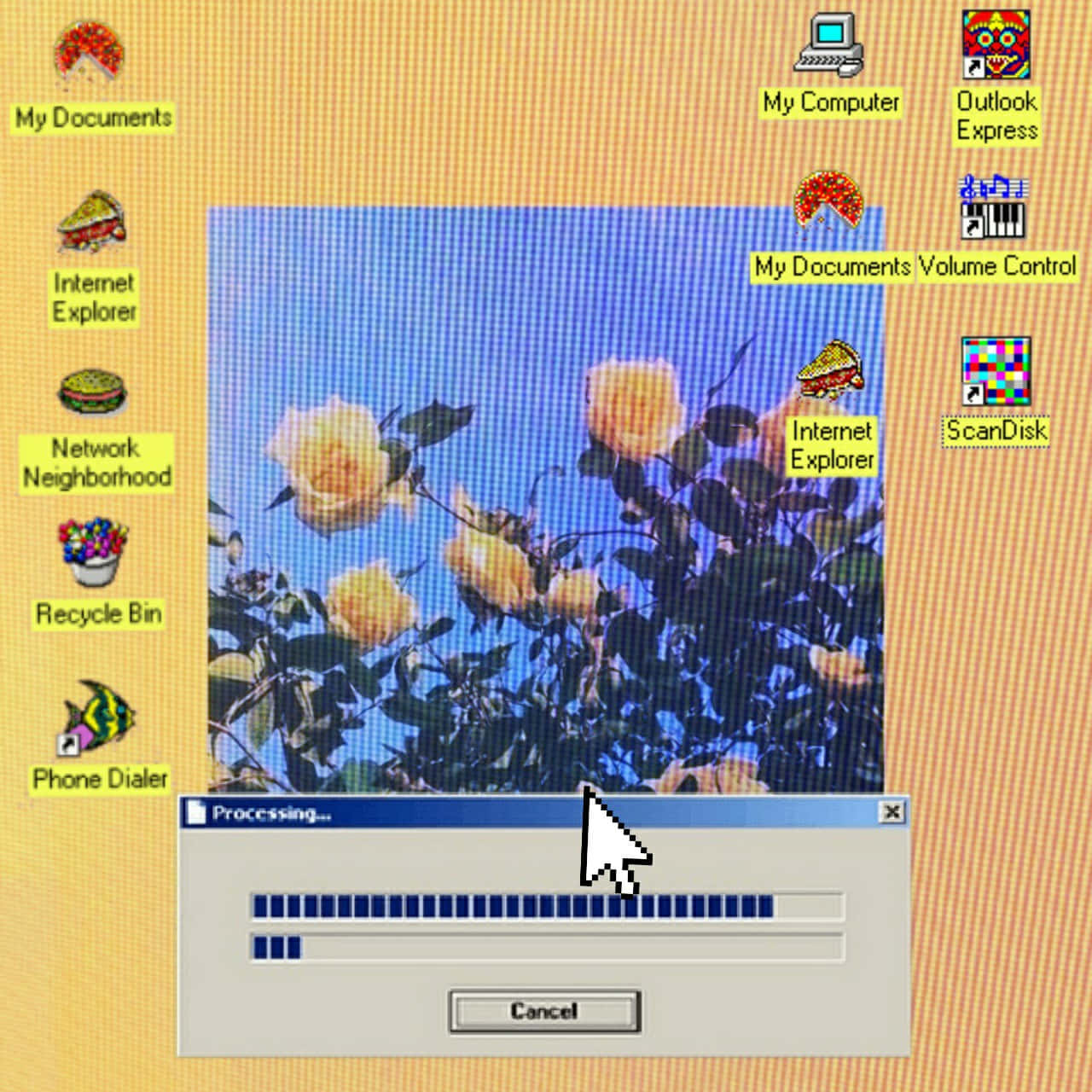 Aesthetic Retro 桌布 壁紙 — 一個復古的Windows桌面，帶有玫瑰桌布和經典圖示，同時一個「處理中」對話框顯示進度。