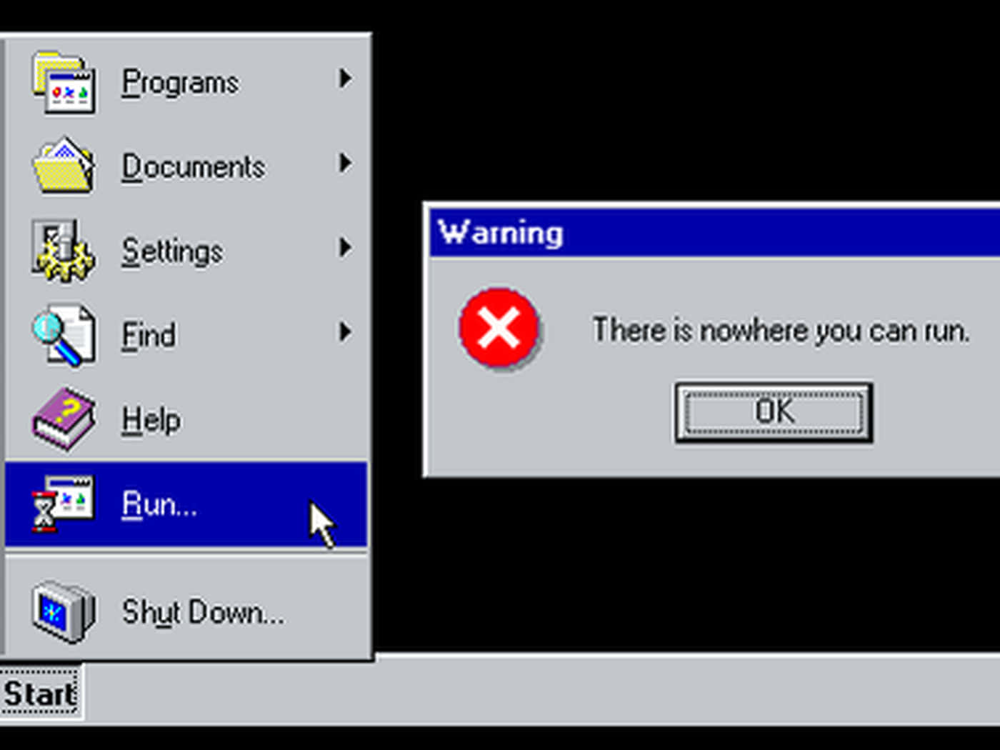 Windows 95 動態圖 桌布 壁紙 — 一個復古的Windows開始功能表，其中「執行...」被突出顯示，並有一個警告對話框顯示「你無處可逃。」
