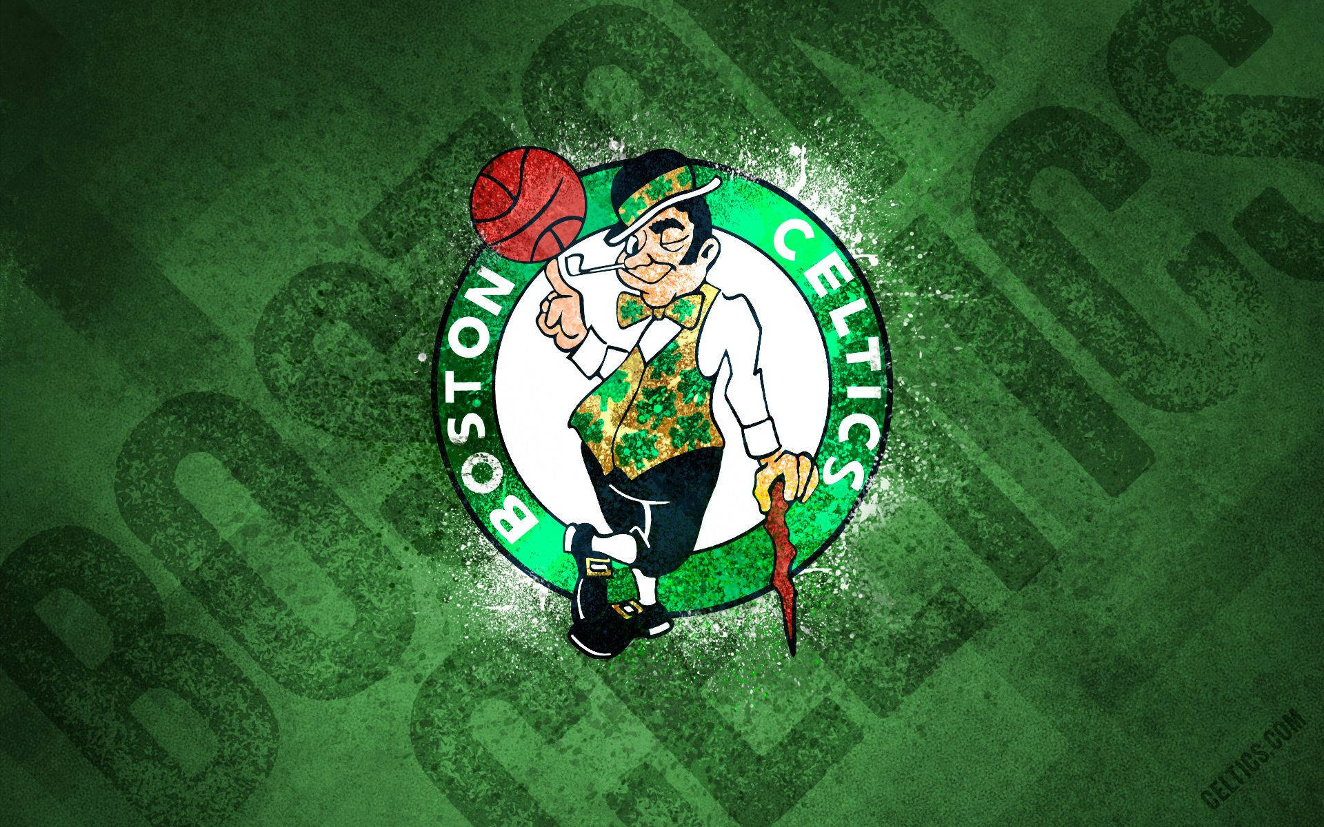 Celtics 桌布 壁紙 — 一個復古的波士頓塞爾提克隊標誌，上面有一個小妖精拿著籃球和手杖，背景是帶紋理的綠色。