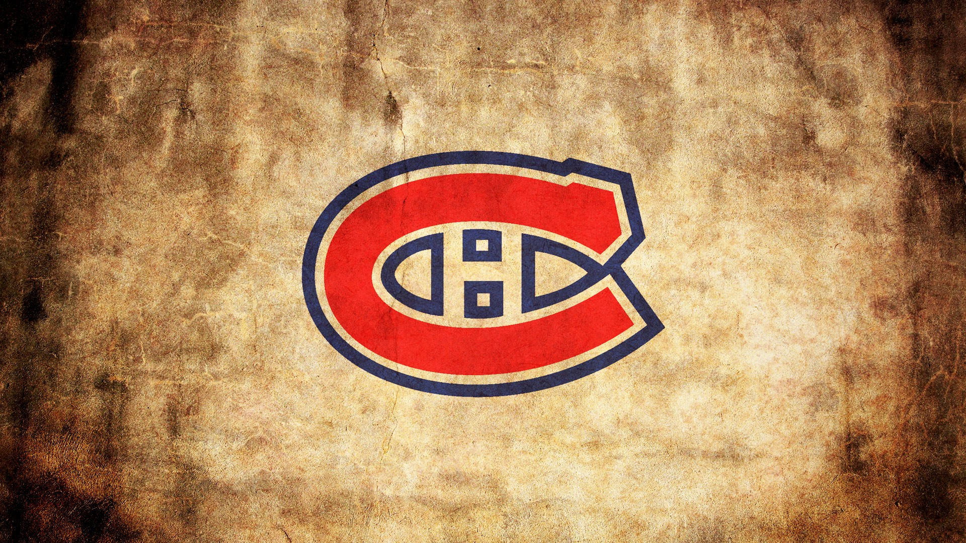 Canadiens 桌布 壁紙 — 一個復古的蒙特婁加拿大人隊標誌，以紅、藍、白色在風化紋理的米色背景上突出顯示。