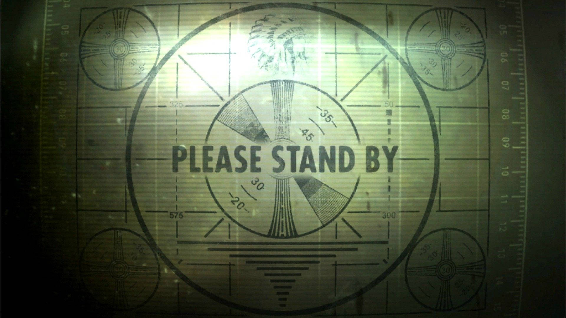 遊戲 桌布 壁紙 — 一個復古的電影測試圖案，帶有「PLEASE STAND BY」文字和羽毛頭飾圖案，在溫暖燈光下發光。