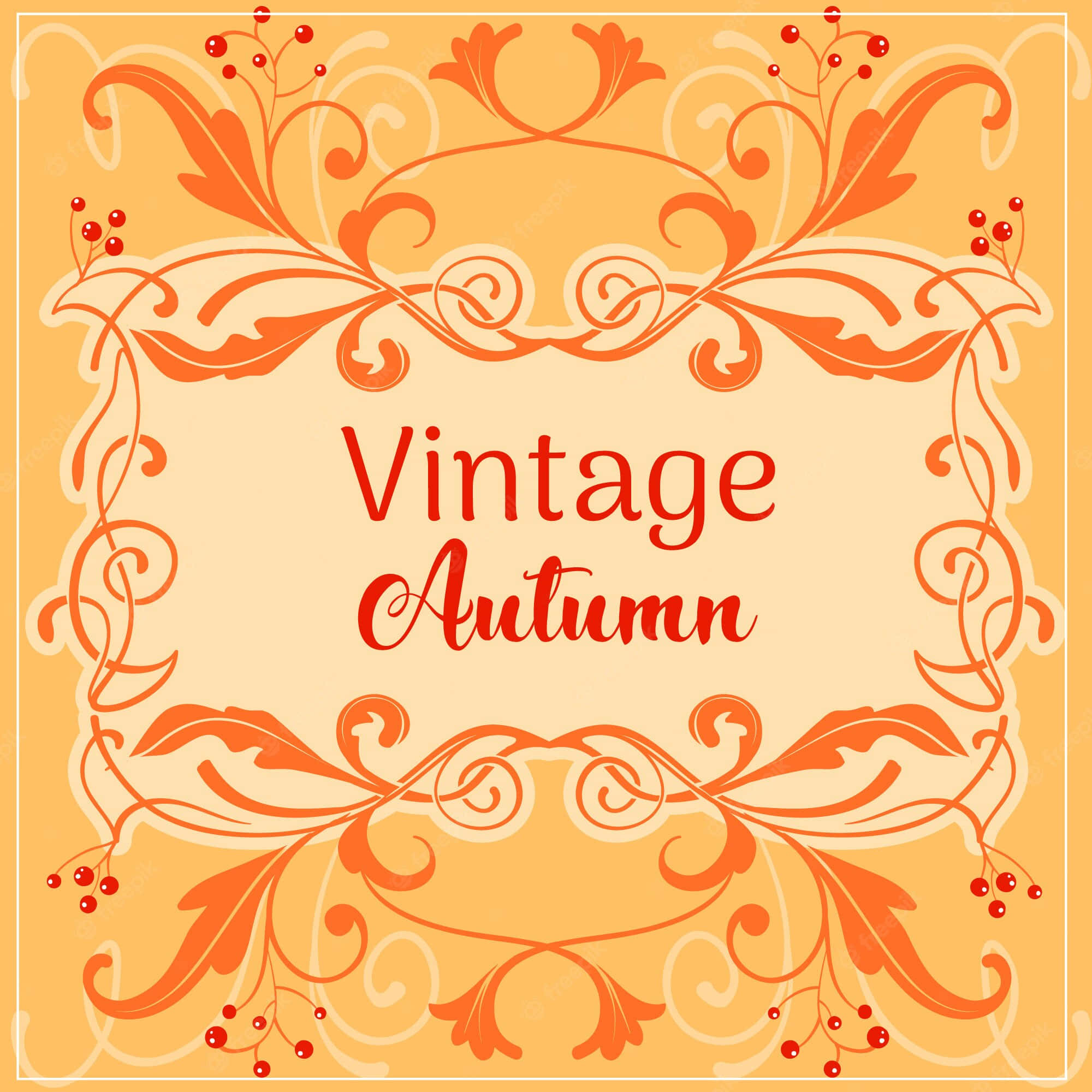 Vintage Autumn 桌布 壁紙 — 一個復古秋季主題的裝飾框架，以旋轉的橙色樹葉和紅色漿果圍繞著文字 Vintage Autumn，背景為溫暖的黃色。