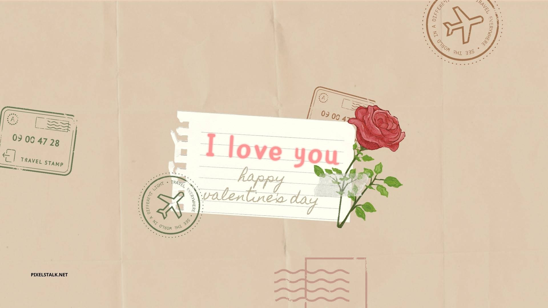 Valentines 桌布 壁紙 — 一個復古米色信封，飾有旅行郵戳和一朵紅玫瑰，夾著一張手寫情人節便條。