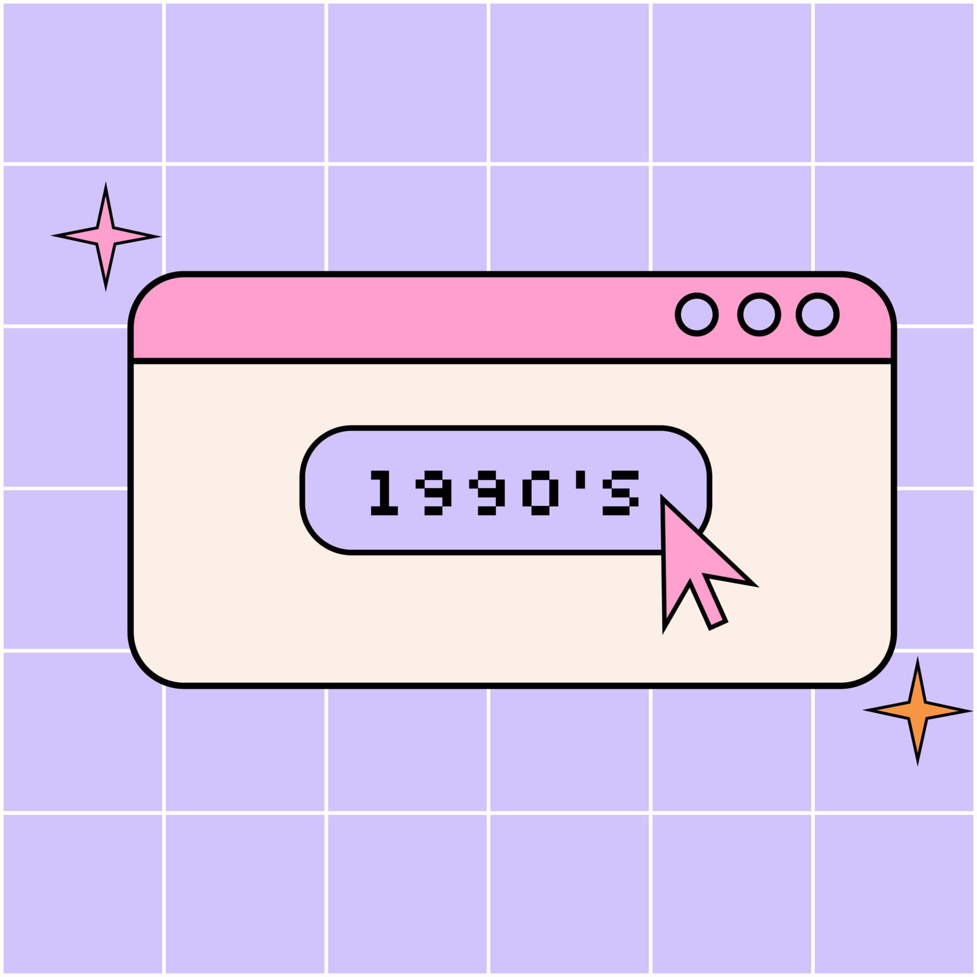 Aesthetic Retro 桌布 壁紙 — 一個復古粉紅色瀏覽器視窗，顯示「1990年代」，並在薰衣草色網格背景上有一個像素化游標。