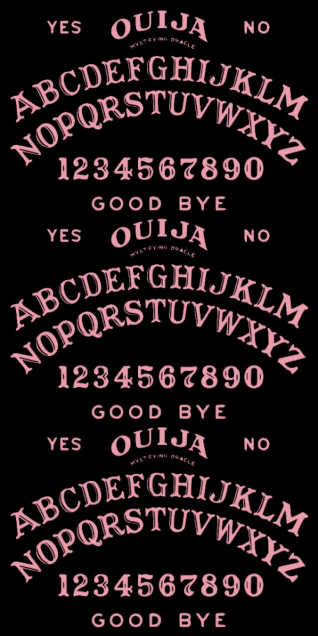 Ouija Boards 桌布 壁紙 — 一個復古粉紅色通靈板佈局在黑色背景上重複三次，帶有經典彎曲字體。