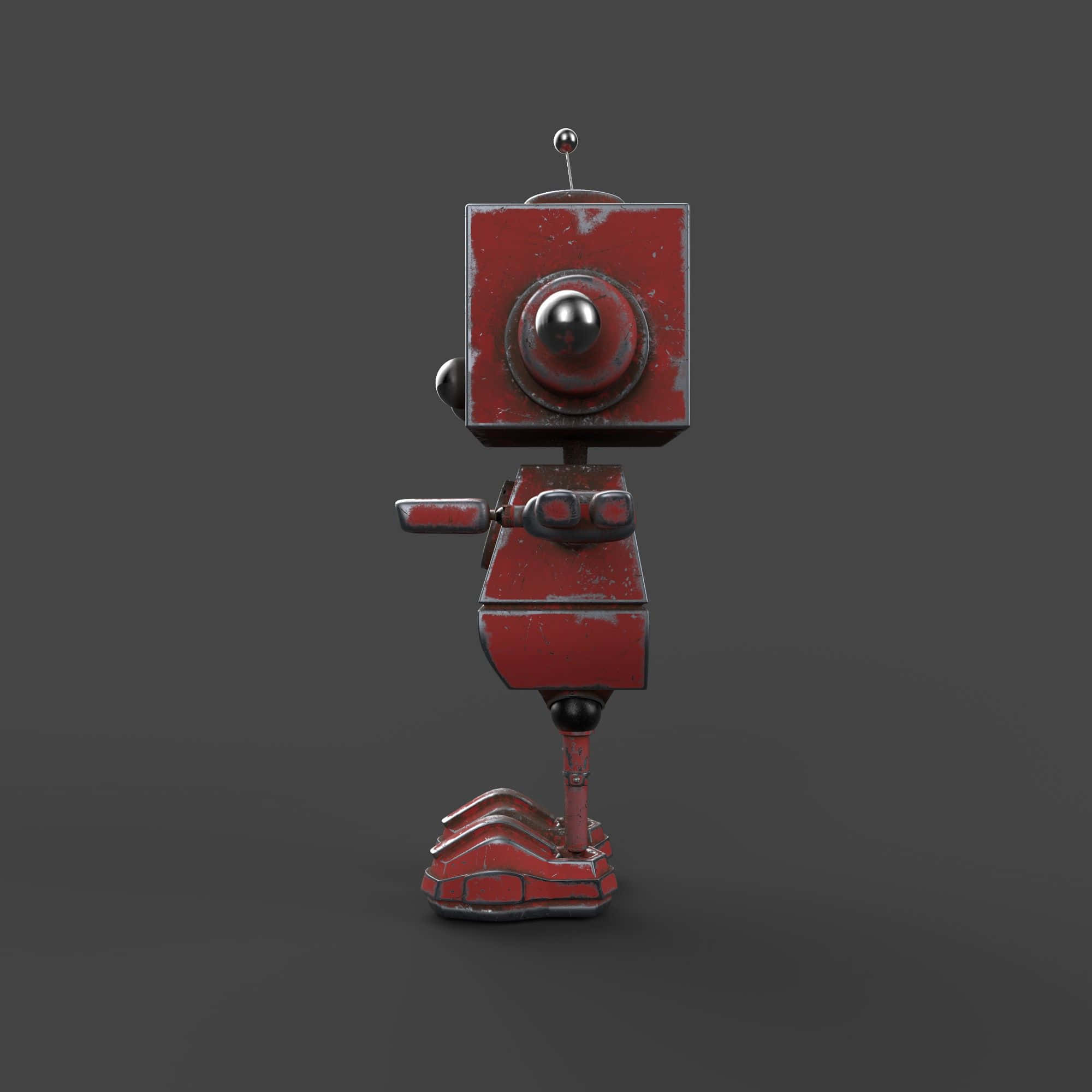 Kawaii Robot 桌布 壁紙 — 一個復古紅色機器人，方形頭部，單眼，站在深灰色工作室背景前。