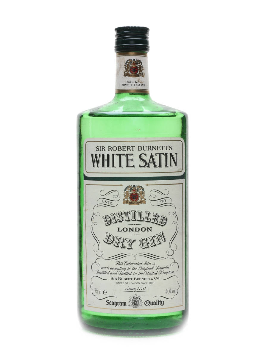 桌布 壁紙 — 一個復古綠色玻璃瓶，裝有Sir Robert Burnett's White Satin London Dry Gin，帶有華麗標籤和徽章，背景為白色。