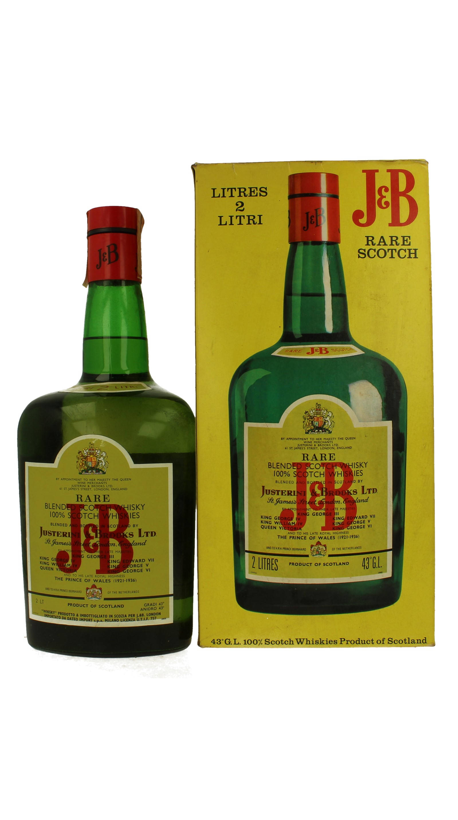 drinks 桌布 壁紙 — 一個復古綠色玻璃瓶的J&B Rare蘇格蘭威士忌，旁邊放著它的黃色紙板盒，背景是純白色。