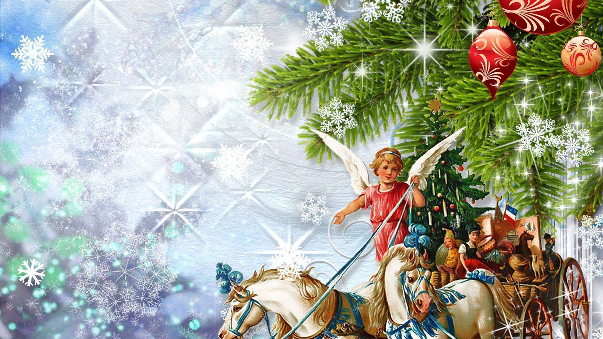 angels 桌布 壁紙 — 一個復古聖誕場景，天使引導馬拉雪橇穿越雪地星空，點綴松枝和裝飾品。