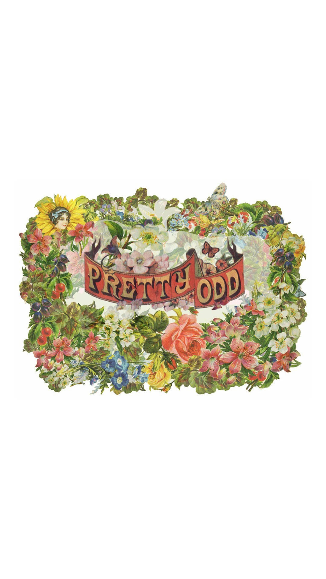 Screen 桌布 壁紙 — 一個復古花環圍繞著一個紅色橫幅，上面寫著 'PRETTY ODD'，配有蝴蝶和向日葵。