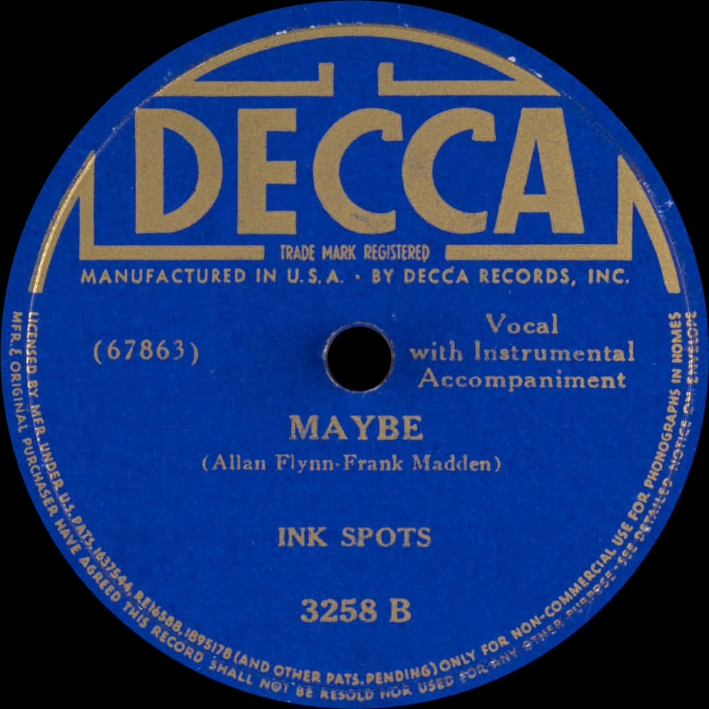 artist 桌布 壁紙 — 一個復古藍色 Decca 唱片標籤，金色文字顯示可能由 Ink Spots 演唱的歌曲名稱，背景為黑色。