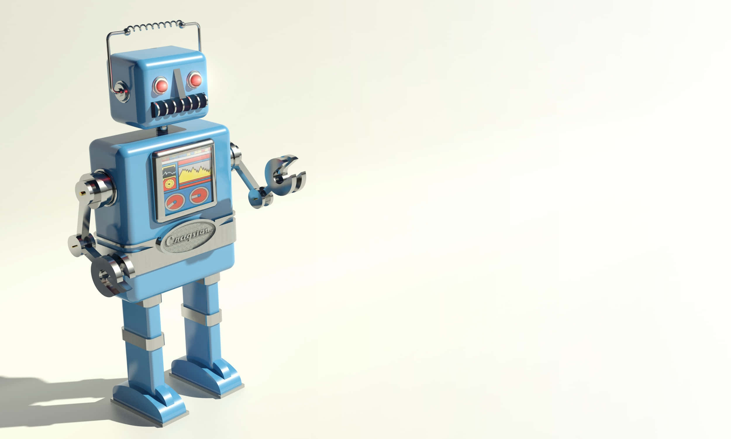 Kawaii Robot 桌布 壁紙 — 一個復古藍色機器人，紅眼睛，手部是扳手，站在純白色背景前。