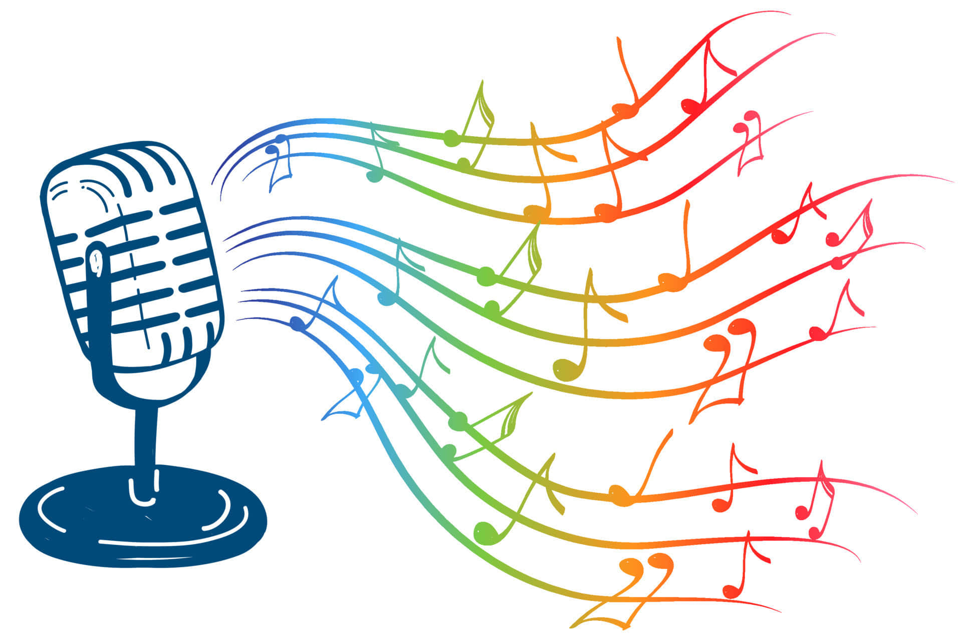 Karaoke 桌布 壁紙 — 一個復古藍色麥克風在白色背景上發出流動弧線的鮮豔彩虹色音符。