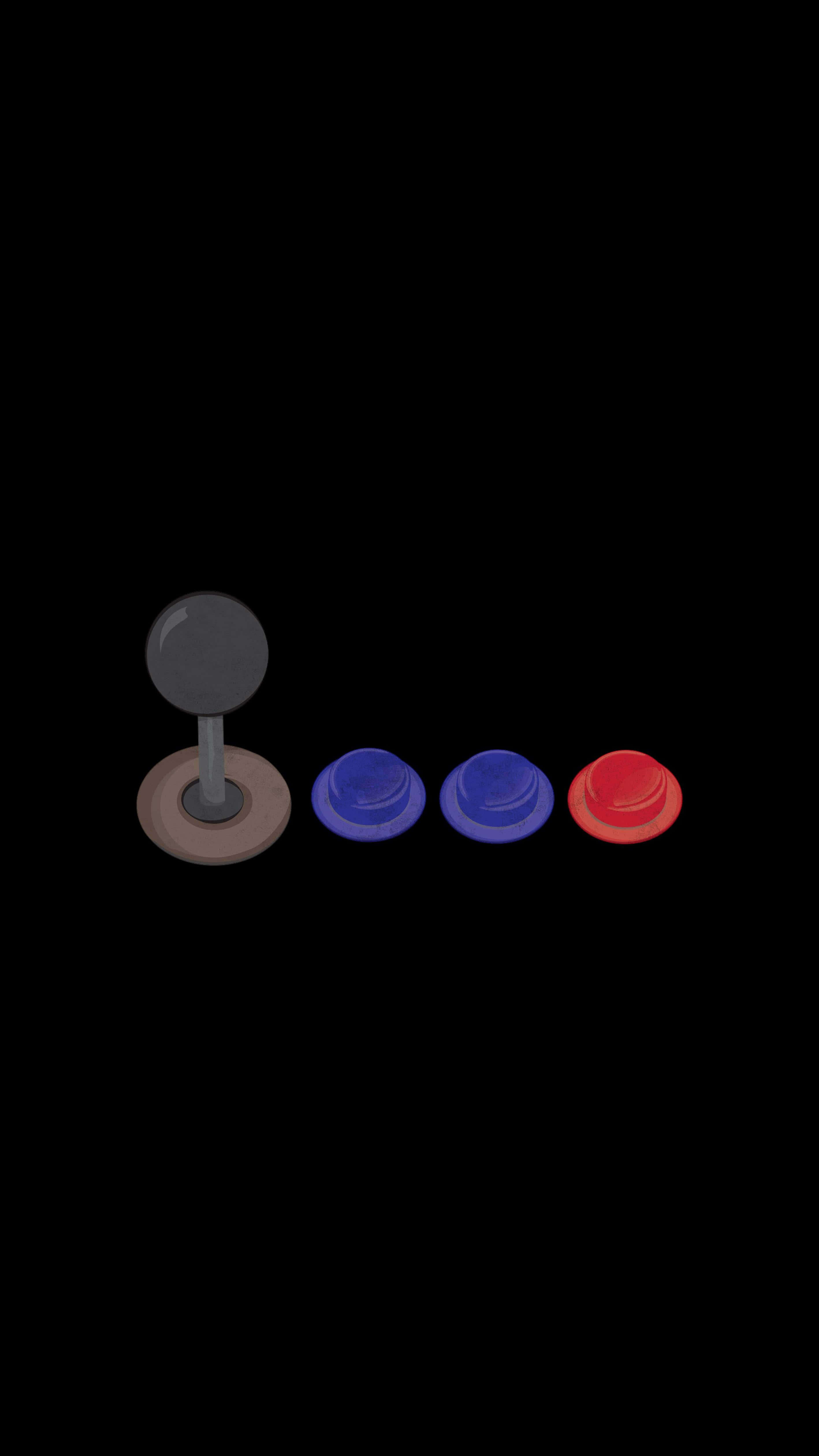 Retro Game 桌布 壁紙 — 一個復古街機搖桿和三個彩色按鈕孤立地立在純黑色背景上。