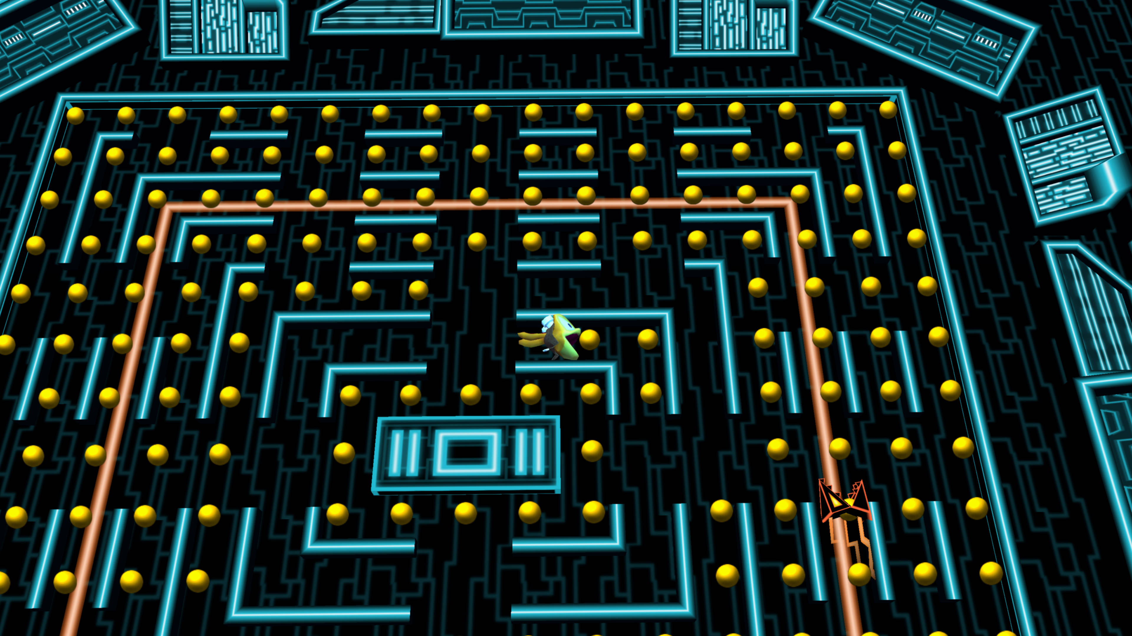 Jak 3 桌布 壁紙 — 一個復古街機遊戲場景，有發光藍色路徑和黃色點組成的迷宮，兩個像素角色在網格中導航。