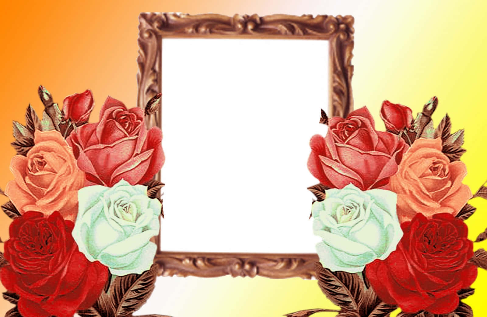 Frame 桌布 壁紙 — 一個復古裝飾框架，周圍環繞著鮮豔的紅色蜜桃和薄荷玫瑰，背景為溫暖的漸變色。
