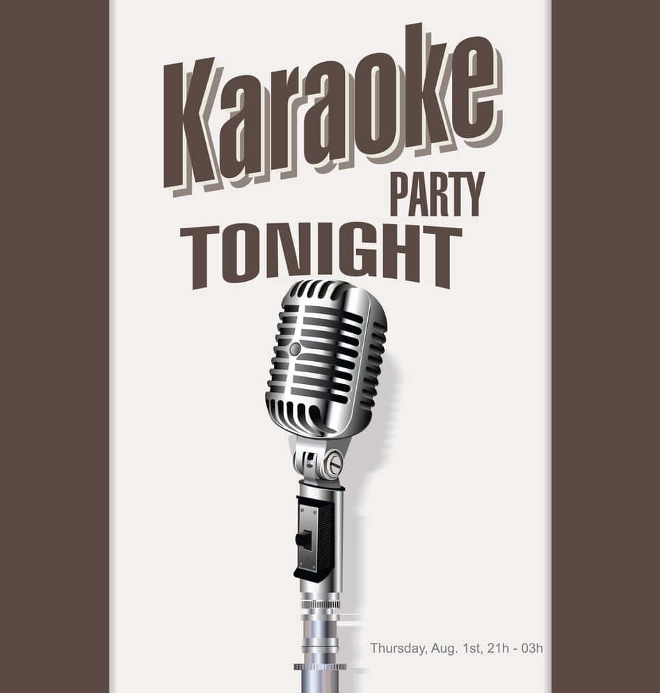 Karaoke 桌布 壁紙 — 一個復古銀色麥克風，置中於米色背景上粗體棕色「Karaoke Party Tonight」文字下方，兩側有棕色面板。