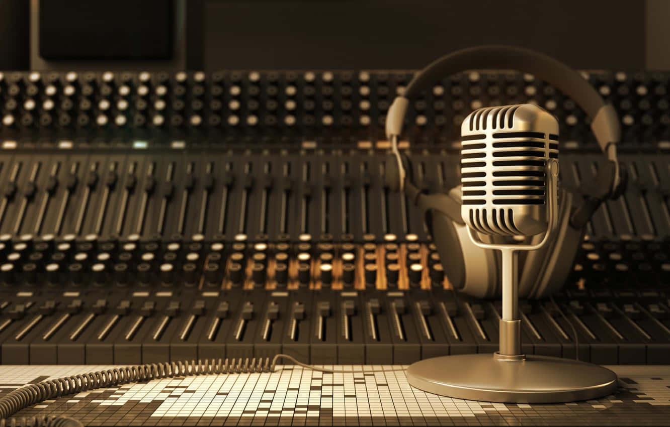 Microphone 桌布 壁紙 — 一個復古銀色麥克風和耳機放在溫暖燈光的錄音室混音台上。