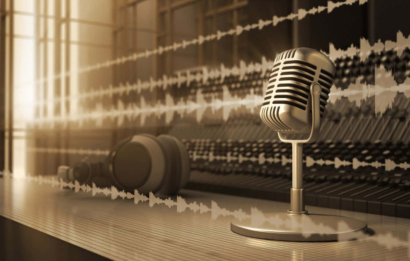 Studio 桌布 壁紙 — 一個復古銀色麥克風放在桌上，旁邊有耳機和以溫暖懷舊色調發光的音頻波形。