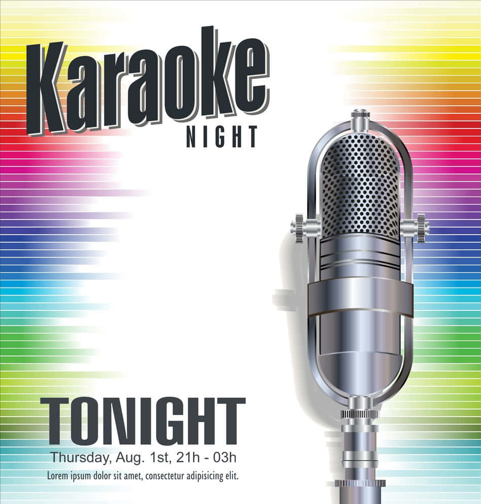 Karaoke 桌布 壁紙 — 一個復古銀色麥克風站在充滿活力的彩虹漸變背景前，帶有粗體的卡拉OK之夜文字。