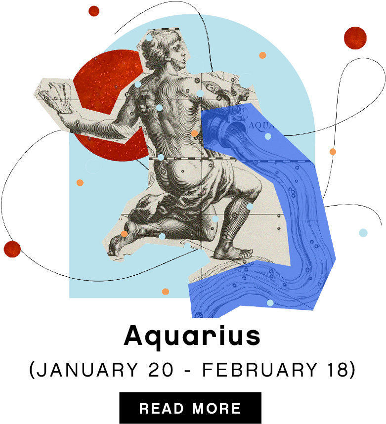 aquarius 桌布 壁紙 — 一個復古雕刻的水瓶座人物，在紅色行星和旋轉藍色波浪的宇宙背景下倒水。