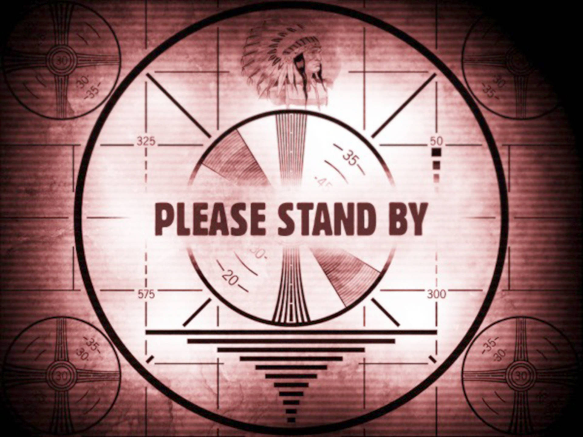 please 桌布 壁紙 — 一個復古雷達螢幕，帶有「PLEASE STAND BY」文字和一個美洲原住民頭飾圖示，以懷舊棕色調呈現。