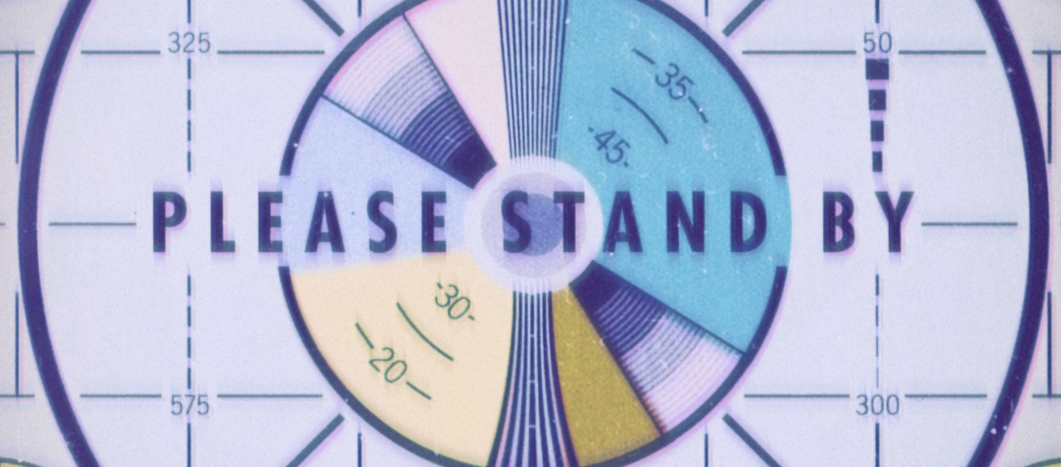 please 桌布 壁紙 — 一個復古雷達螢幕在淺藍色網格背景上顯示「PLEASE STAND BY」，帶有彩色分段弧線和數字標記。