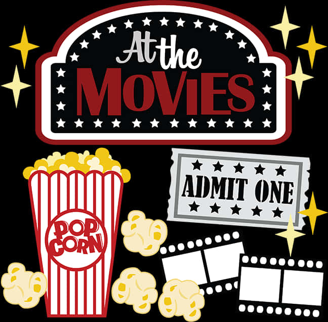 Popcorn Clipart 桌布 壁紙 — 一個復古電影院招牌，上面有爆米花、電影票和膠卷條，背景為黑色並有金色星星。