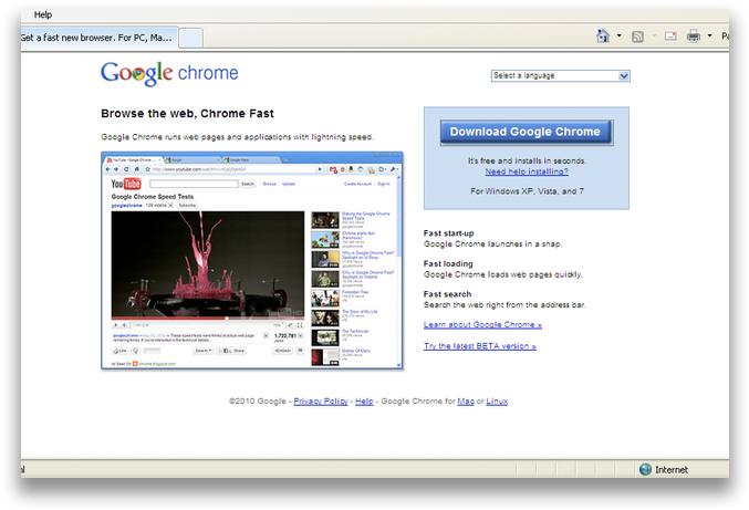 Google Chrome 桌布 壁紙 — 一個復古電腦螢幕顯示2010年Google Chrome下載頁面，帶有YouTube影片縮圖，顯示粉紅色液體飛濺。