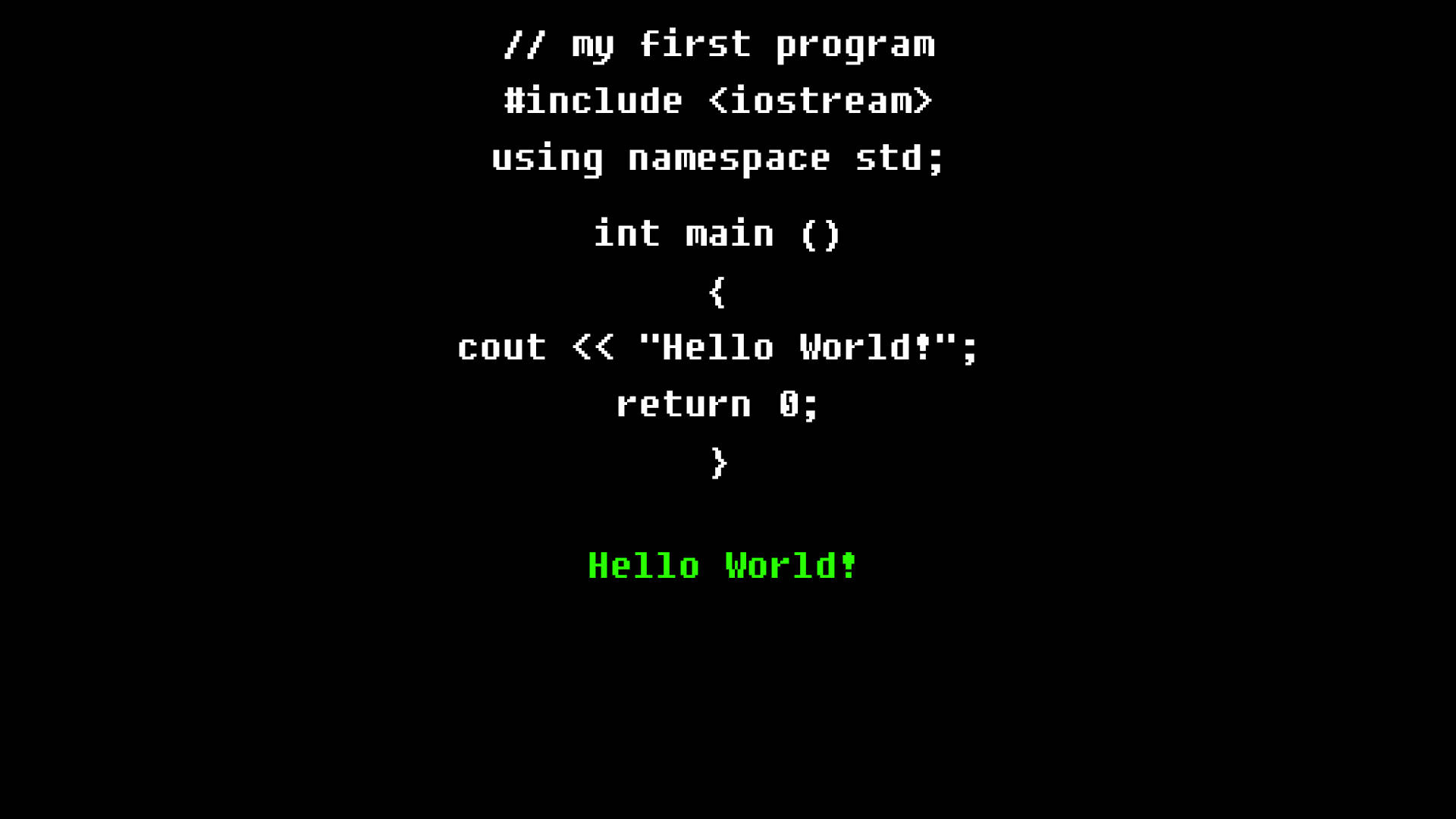 4K程式壁紙 桌布 壁紙 — 一個復古電腦螢幕顯示一個C++ 'Hello World' 程式，白色程式碼和綠色輸出在黑色背景上。