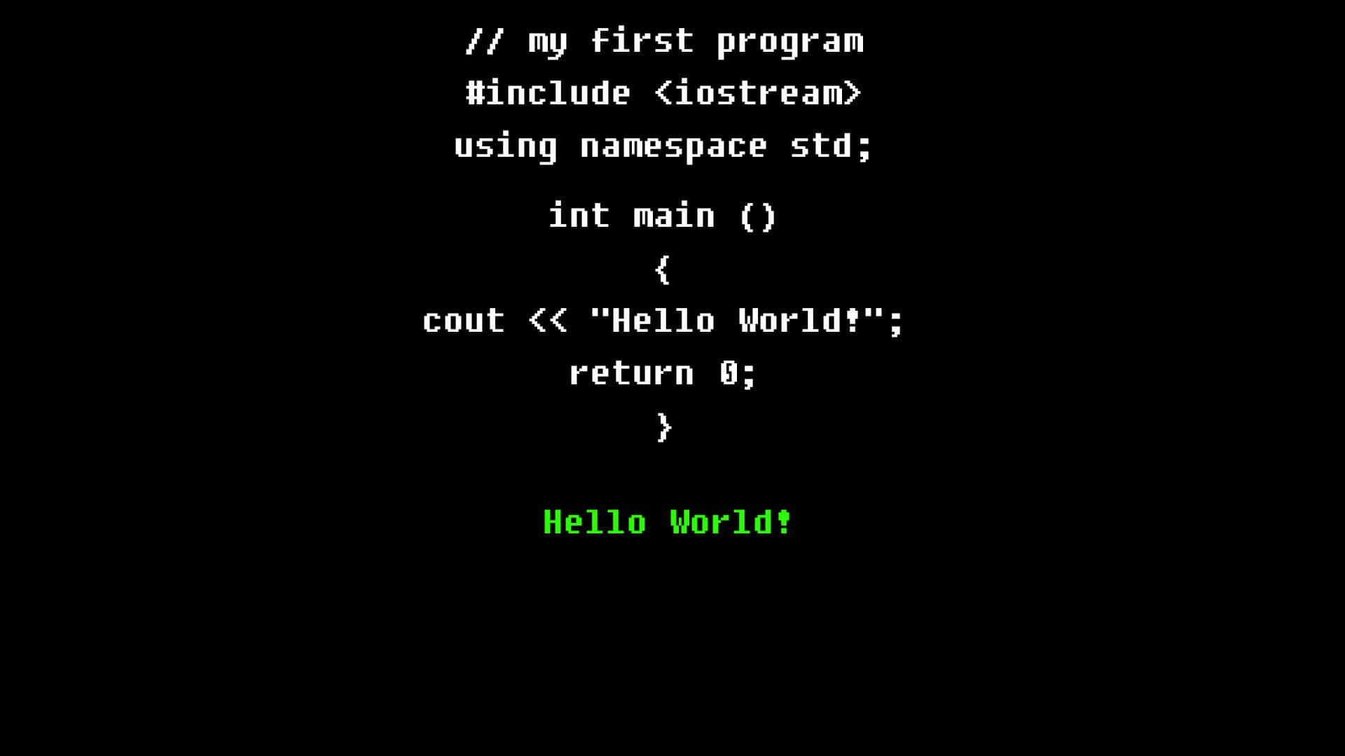 程式碼 桌布 壁紙 — 一個復古電腦螢幕顯示一個C++「Hello World」程式，黑色背景上帶有綠色輸出文字。